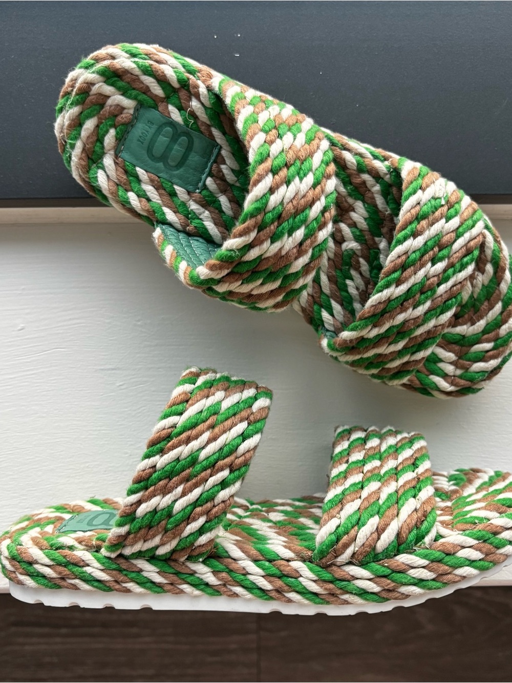 Green, Brown & Cream Braided Rope women Slide Sandals